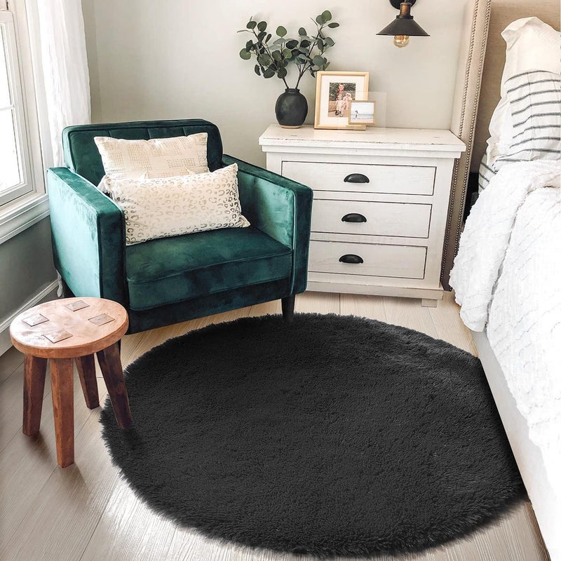 Amdrebio Black Round Rugs 5Ft for Bedroom Aesthetic, Fluffy Plush Circle Area Rugs for Living Room, Fuzzy Modern Cool Throw Carpet for Baby Kids Teen Boys Mens, Office Playroom Nursery Apartment Home Decor - Image 5